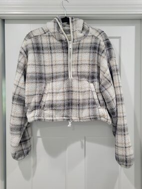 Aeropostale Plaid Sherpa Hooded Fleece Pullover Crop Teddy Jacket